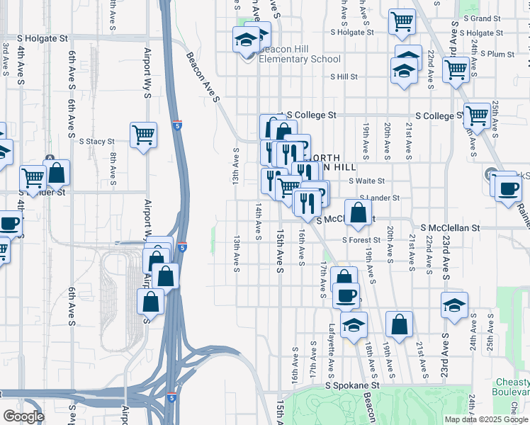 map of restaurants, bars, coffee shops, grocery stores, and more near 2802 14th Avenue South in Seattle