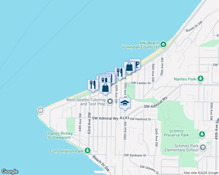 map of restaurants, bars, coffee shops, grocery stores, and more near 2728 61st Avenue Southwest in Seattle