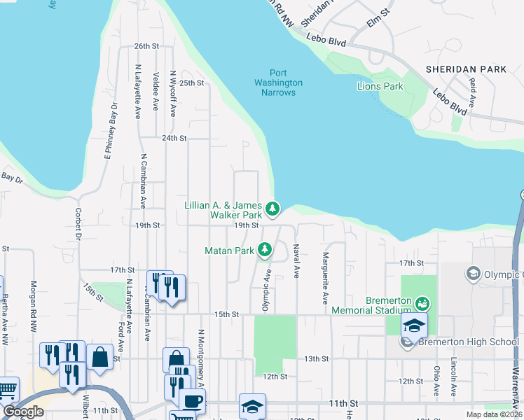 map of restaurants, bars, coffee shops, grocery stores, and more near 1905 Taft Avenue in Bremerton