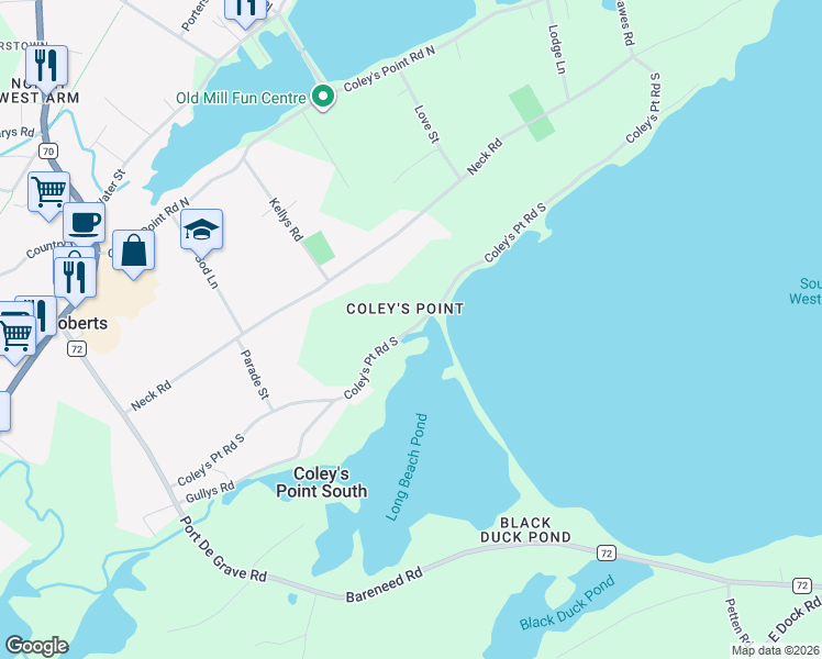 map of restaurants, bars, coffee shops, grocery stores, and more near Coleys Point South Rd in Bay Roberts