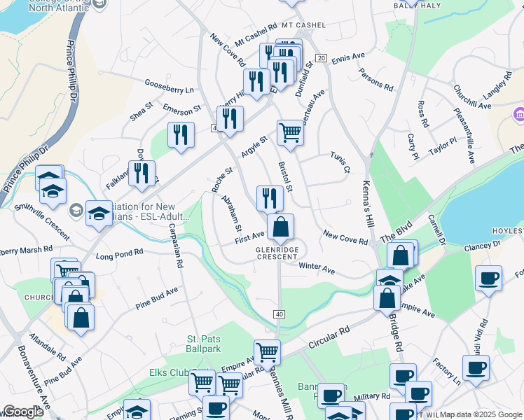 map of restaurants, bars, coffee shops, grocery stores, and more near 44 Portugal Cove Road in St. John's
