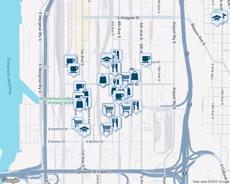 map of restaurants, bars, coffee shops, grocery stores, and more near 2743 4th Avenue South in Seattle