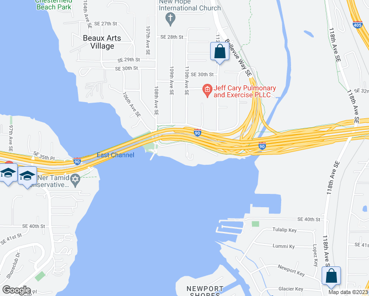map of restaurants, bars, coffee shops, grocery stores, and more near 10849 Southeast Lake Road in Bellevue