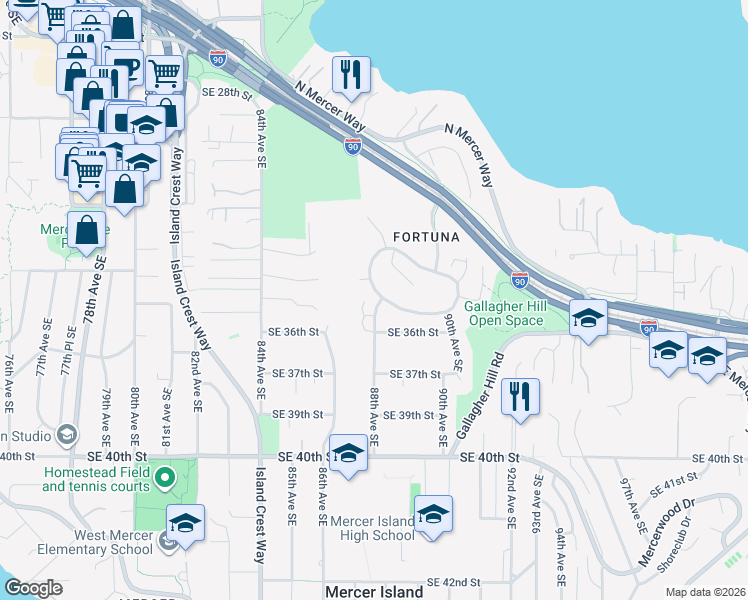 map of restaurants, bars, coffee shops, grocery stores, and more near 3504 88th Avenue Southeast in Mercer Island