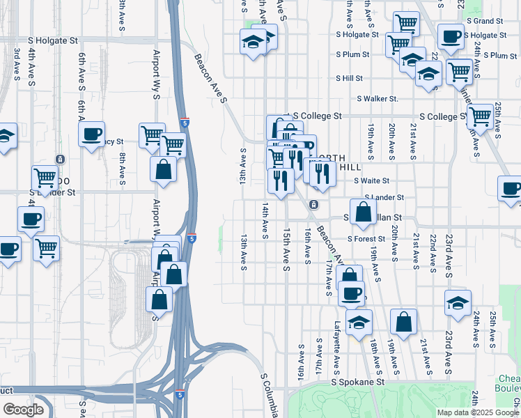 map of restaurants, bars, coffee shops, grocery stores, and more near 2802 14th Avenue South in Seattle