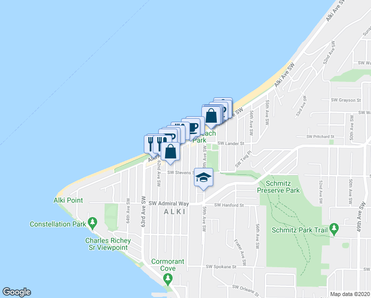 map of restaurants, bars, coffee shops, grocery stores, and more near 2726 60th Avenue Southwest in Seattle