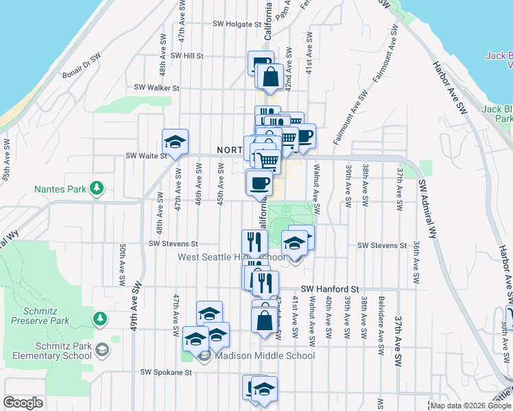 map of restaurants, bars, coffee shops, grocery stores, and more near 2725 California Avenue Southwest in Seattle