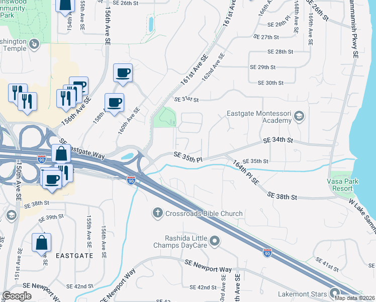 map of restaurants, bars, coffee shops, grocery stores, and more near 3424 161st Court Southeast in Bellevue