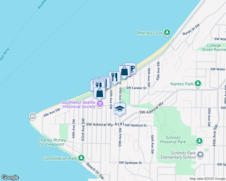 map of restaurants, bars, coffee shops, grocery stores, and more near 2726 60th Avenue Southwest in Seattle