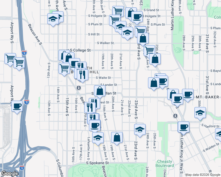 map of restaurants, bars, coffee shops, grocery stores, and more near 2807 20th Avenue South in Seattle