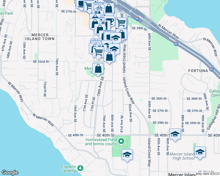 map of restaurants, bars, coffee shops, grocery stores, and more near 8020 Southeast 37th Place in Mercer Island