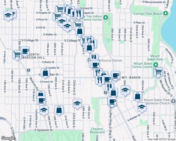 map of restaurants, bars, coffee shops, grocery stores, and more near 2715 25th Avenue South in Seattle