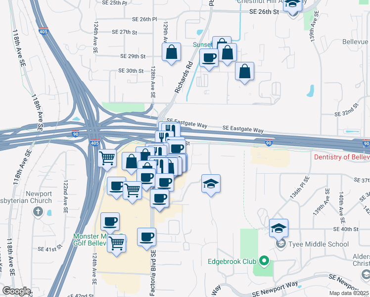 map of restaurants, bars, coffee shops, grocery stores, and more near 3617 131st Avenue Southeast in Bellevue