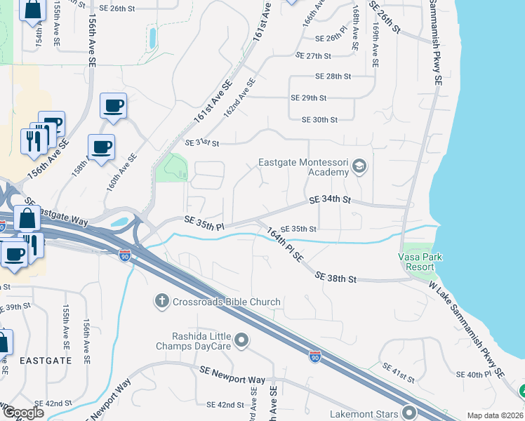 map of restaurants, bars, coffee shops, grocery stores, and more near 3220 162nd Place Southeast in Bellevue