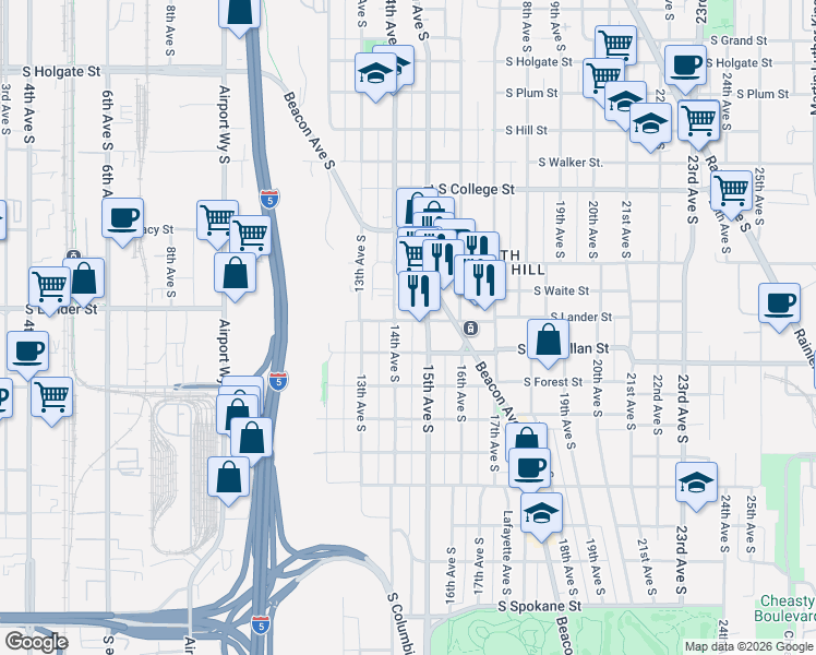 map of restaurants, bars, coffee shops, grocery stores, and more near 2530 14th Avenue South in Seattle