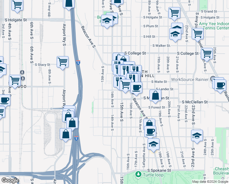 map of restaurants, bars, coffee shops, grocery stores, and more near 2530 14th Avenue South in Seattle
