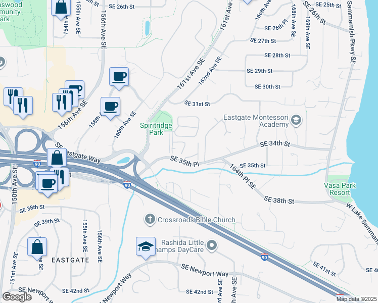 map of restaurants, bars, coffee shops, grocery stores, and more near 3438 161st Place Southeast in Bellevue