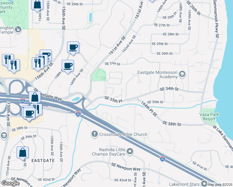 map of restaurants, bars, coffee shops, grocery stores, and more near 3412 161st Place Southeast in Bellevue
