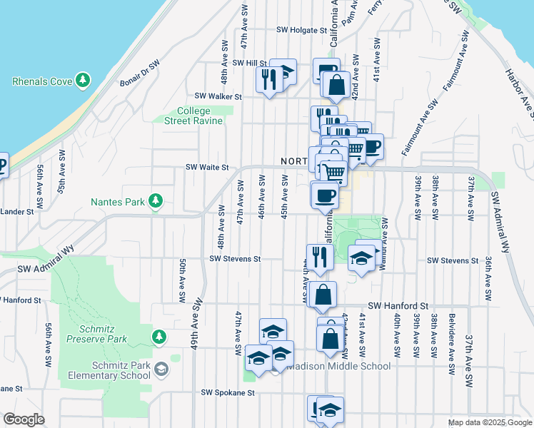 map of restaurants, bars, coffee shops, grocery stores, and more near 2641 46th Avenue Southwest in Seattle