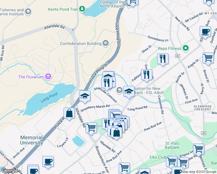 map of restaurants, bars, coffee shops, grocery stores, and more near 28 Smithville Crescent in St. John's