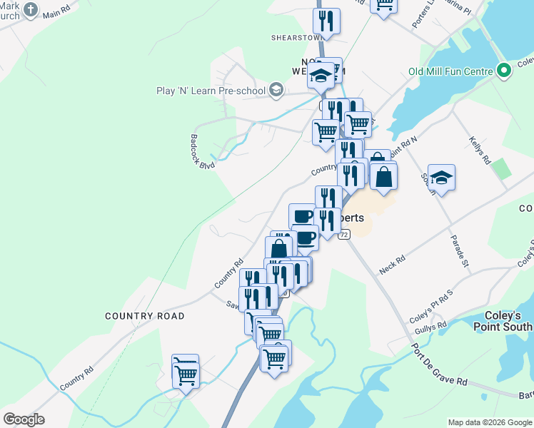 map of restaurants, bars, coffee shops, grocery stores, and more near 62 Country Road in Coley's Point South