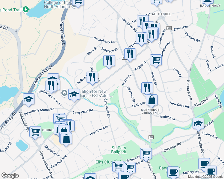 map of restaurants, bars, coffee shops, grocery stores, and more near 18 Larch Place in St. John's