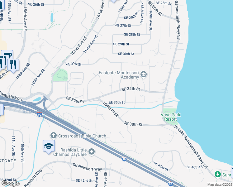 map of restaurants, bars, coffee shops, grocery stores, and more near 16435 Southeast 34th Street in Bellevue