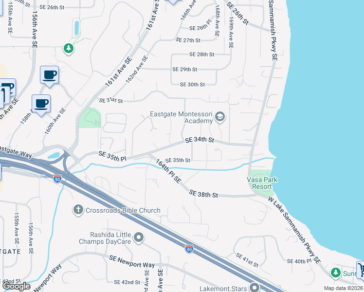 map of restaurants, bars, coffee shops, grocery stores, and more near 16438 Southeast 34th Street in Bellevue