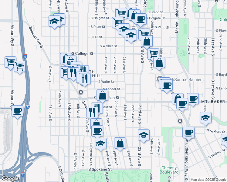 map of restaurants, bars, coffee shops, grocery stores, and more near 1939 South Waite Street in Seattle