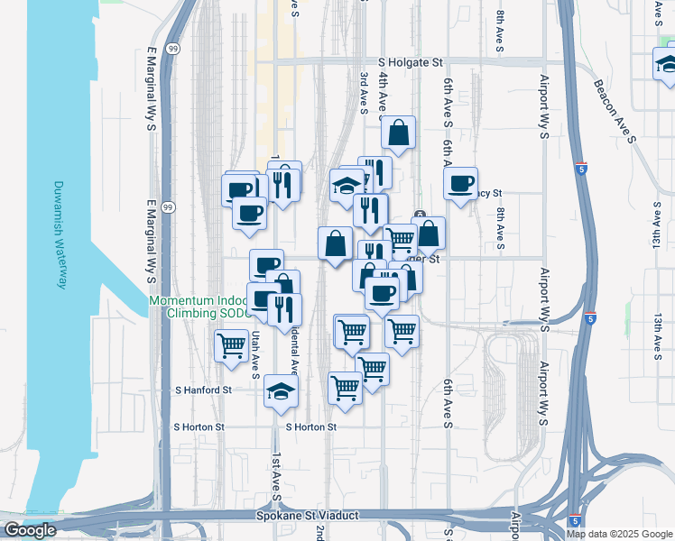 map of restaurants, bars, coffee shops, grocery stores, and more near 241 South Lander Street in Seattle