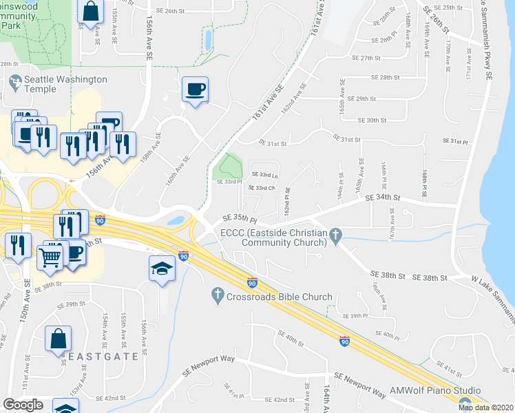 map of restaurants, bars, coffee shops, grocery stores, and more near 161st Court Southeast in Bellevue