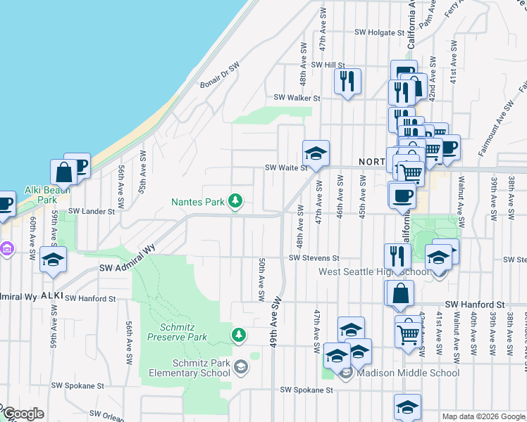 map of restaurants, bars, coffee shops, grocery stores, and more near 50th Avenue Southwest & Southwest Lander Street in Seattle