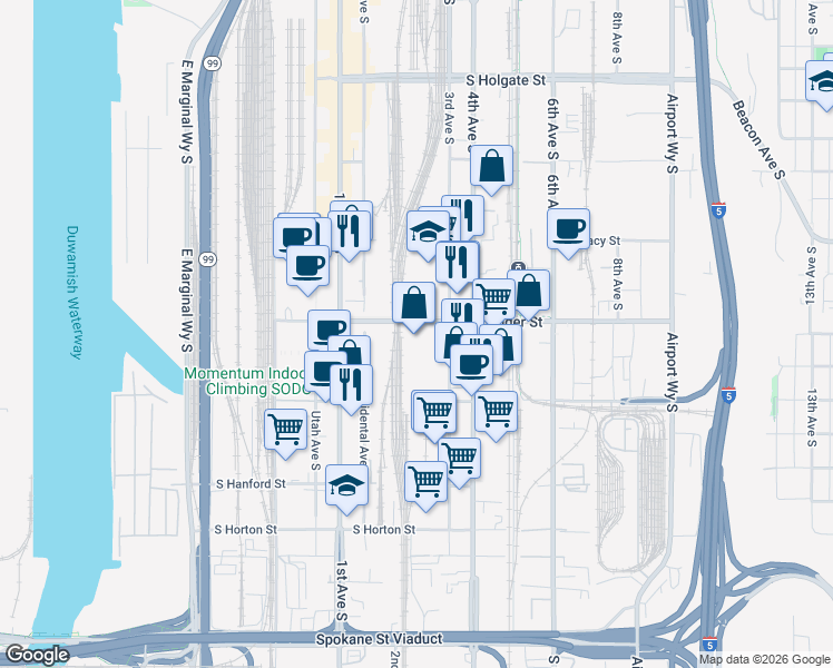 map of restaurants, bars, coffee shops, grocery stores, and more near 241 South Lander Street in Seattle