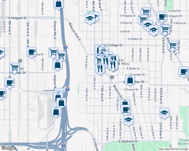 map of restaurants, bars, coffee shops, grocery stores, and more near 14th Ave S & S Lander St in Seattle