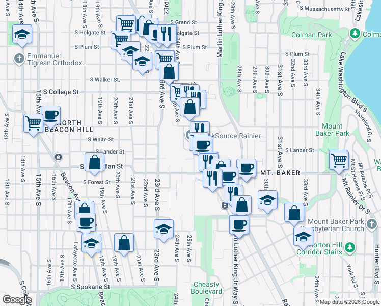 map of restaurants, bars, coffee shops, grocery stores, and more near 2615 25th Avenue South in Seattle