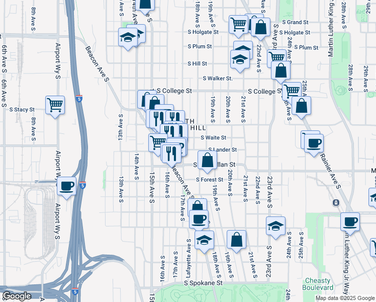 map of restaurants, bars, coffee shops, grocery stores, and more near 2605 18th Avenue South in Seattle
