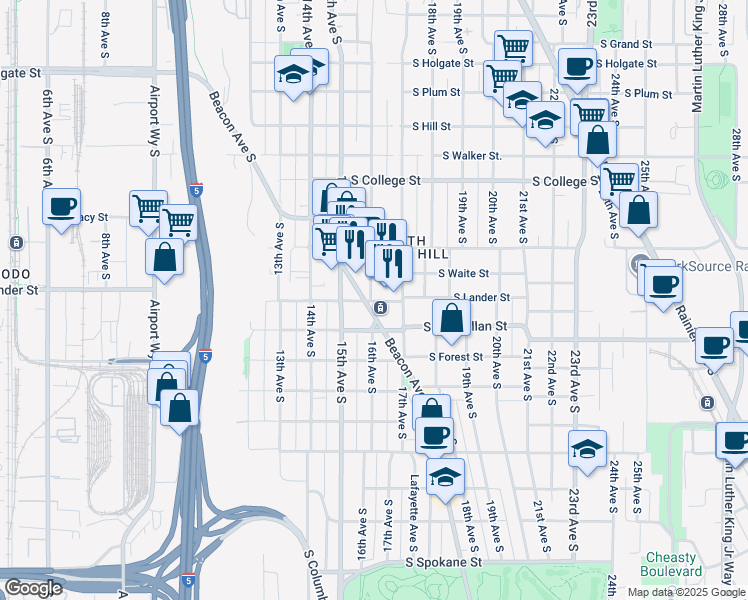 map of restaurants, bars, coffee shops, grocery stores, and more near in Seattle