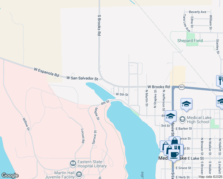 map of restaurants, bars, coffee shops, grocery stores, and more near 724 West 6th Street in Medical Lake