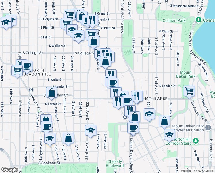 map of restaurants, bars, coffee shops, grocery stores, and more near 2531 Rainier Avenue South in Seattle