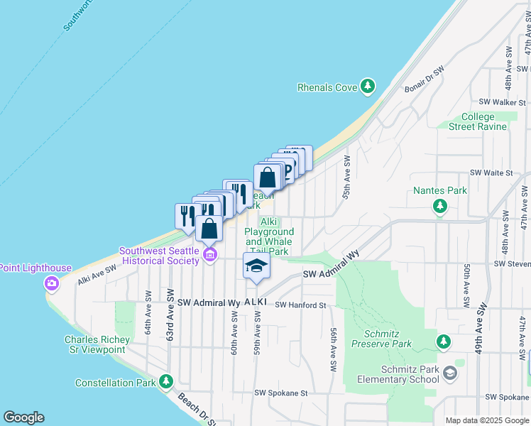 map of restaurants, bars, coffee shops, grocery stores, and more near 2600 Marine Avenue Southwest in Seattle