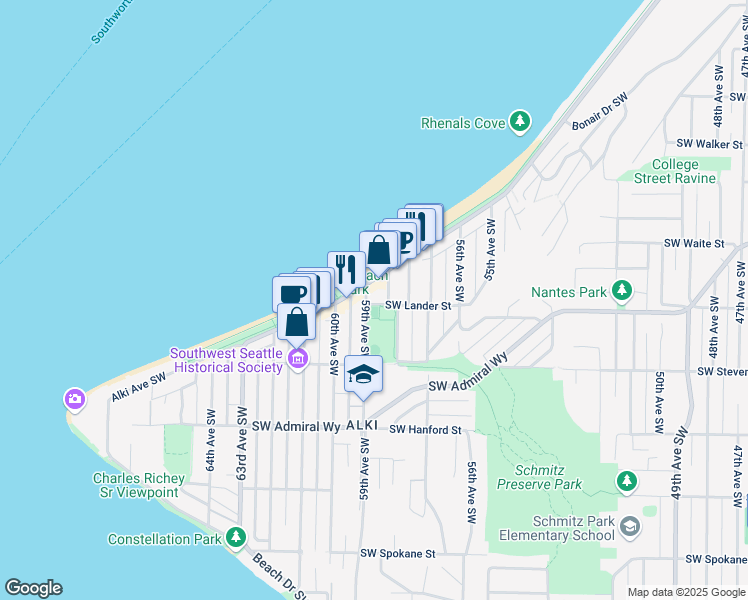 map of restaurants, bars, coffee shops, grocery stores, and more near 2600 Marine Avenue Southwest in Seattle