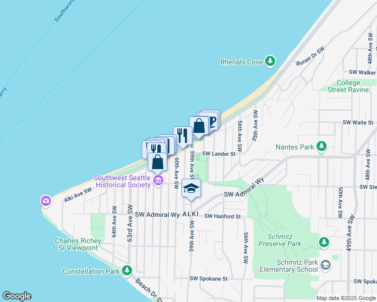 map of restaurants, bars, coffee shops, grocery stores, and more near 2665 Alki Avenue Southwest in Seattle