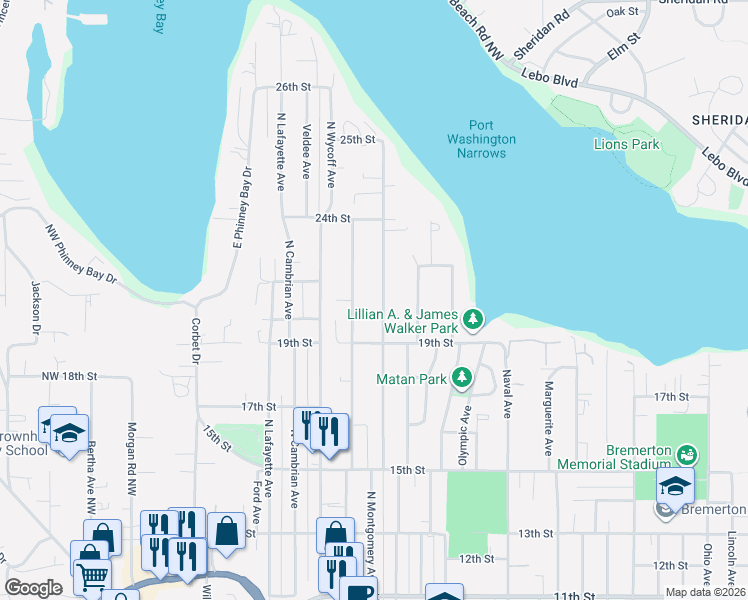 map of restaurants, bars, coffee shops, grocery stores, and more near 1947 Snyder Avenue in Bremerton