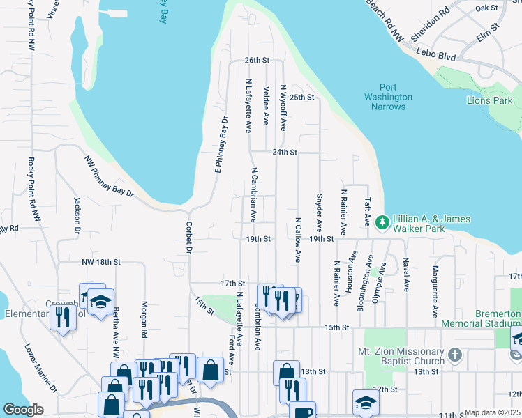 map of restaurants, bars, coffee shops, grocery stores, and more near 2817 21st Street in Bremerton