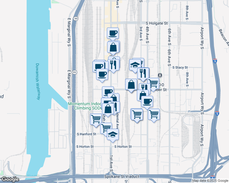 map of restaurants, bars, coffee shops, grocery stores, and more near 2462 1st Avenue South in Seattle
