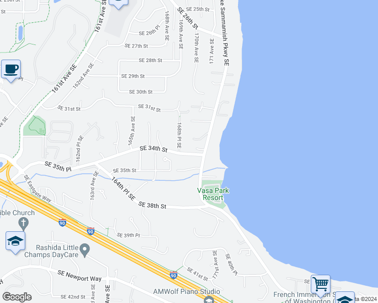 map of restaurants, bars, coffee shops, grocery stores, and more near 16908 Southeast 34th Street in Bellevue