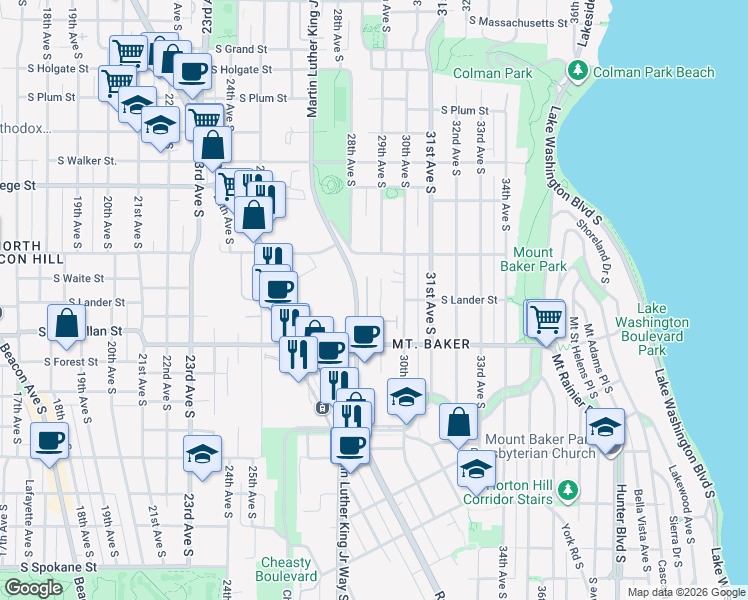 map of restaurants, bars, coffee shops, grocery stores, and more near 2541 29th Avenue South in Seattle