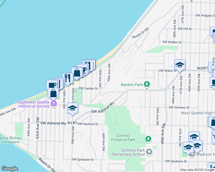 map of restaurants, bars, coffee shops, grocery stores, and more near 2483 55th Avenue Southwest in Seattle