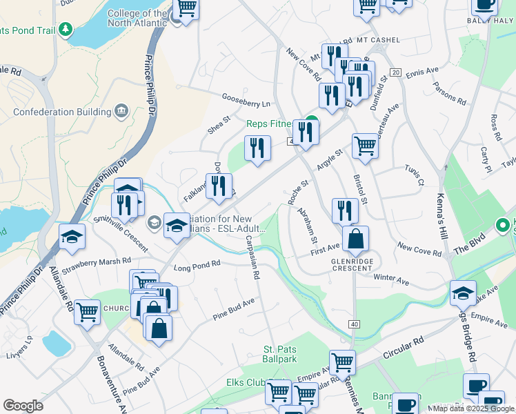 map of restaurants, bars, coffee shops, grocery stores, and more near 9 Larch Place in St. John's