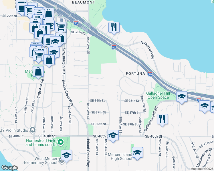 map of restaurants, bars, coffee shops, grocery stores, and more near 8429 Southeast 33rd Place in Mercer Island